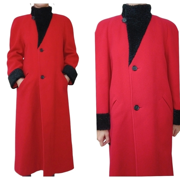 Vintage Wool Red Black Trench Coat Jacket Medium - Picture 2 of 8